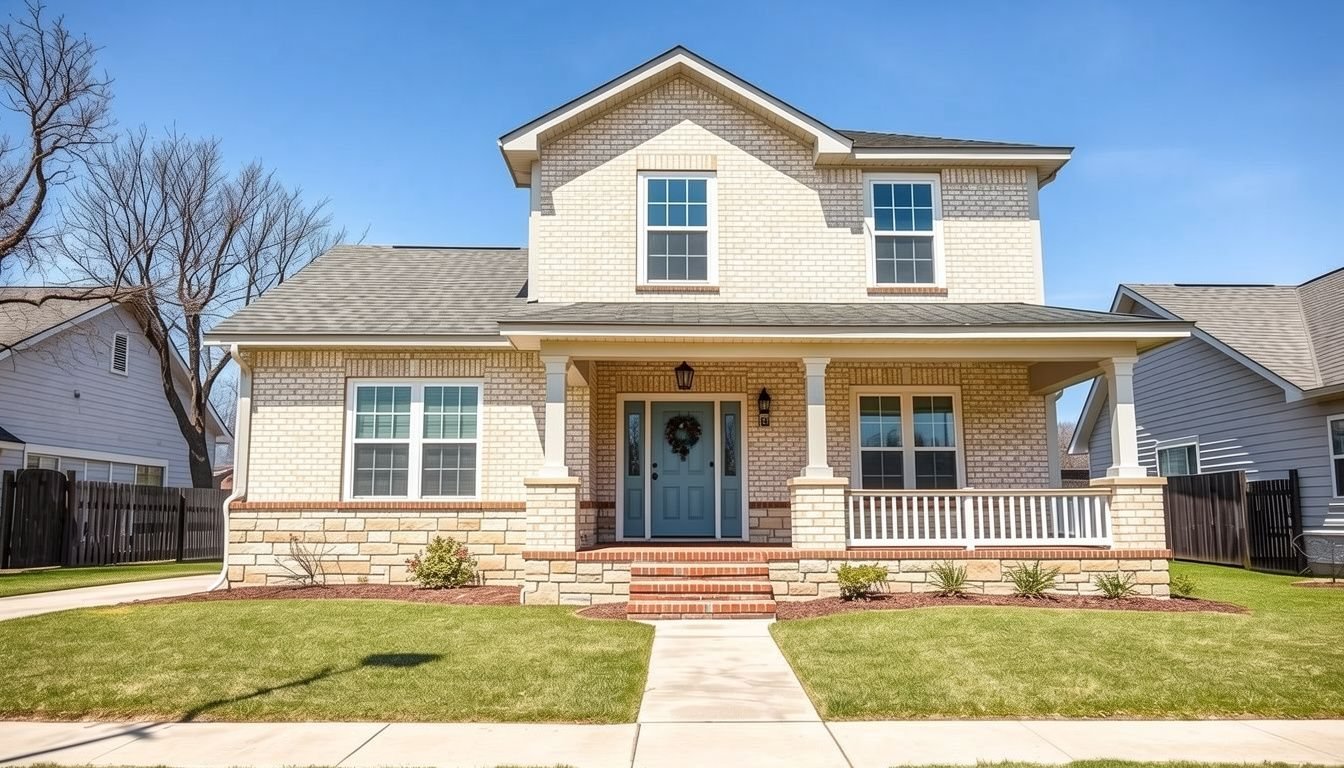 Two-story home with tan brick and stone facade